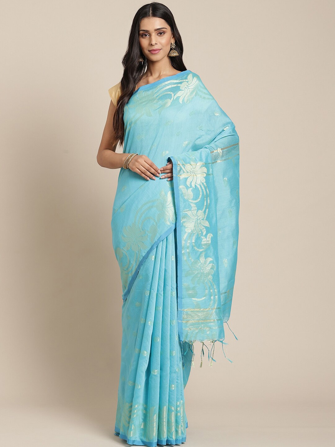 

Laa Calcutta Floral Woven Design Zari Silk Cotton Saree, Blue