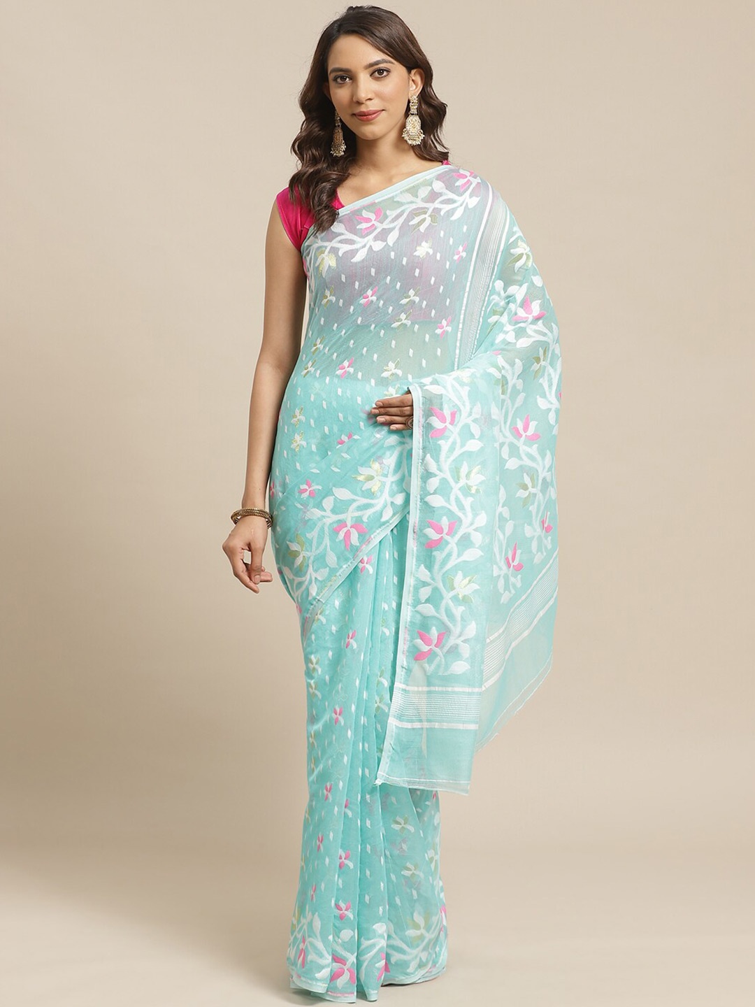 

Laa Calcutta Floral Embroidered Jamdani Saree, Sea green
