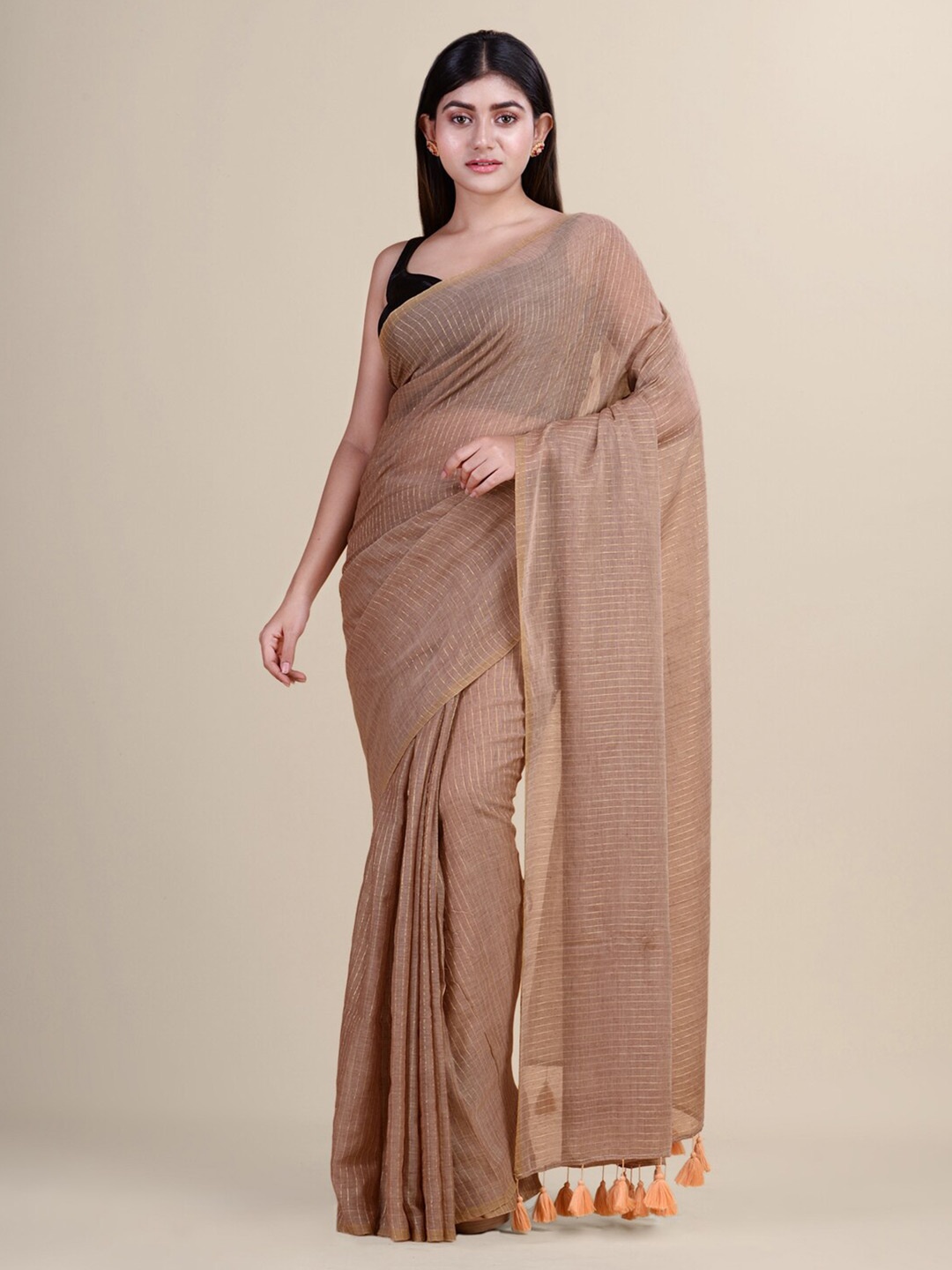 

Laa Calcutta Striped Zari Pure Cotton Saree With Tassels, Gold