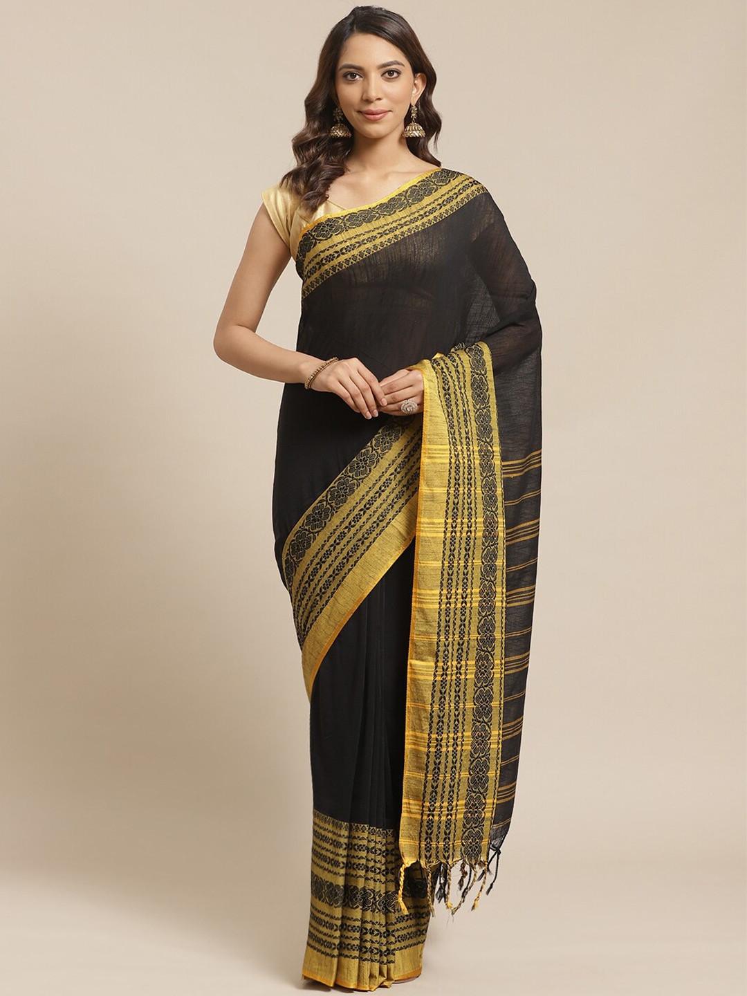 

Laa Calcutta Woven Design Pure Cotton Saree, Black