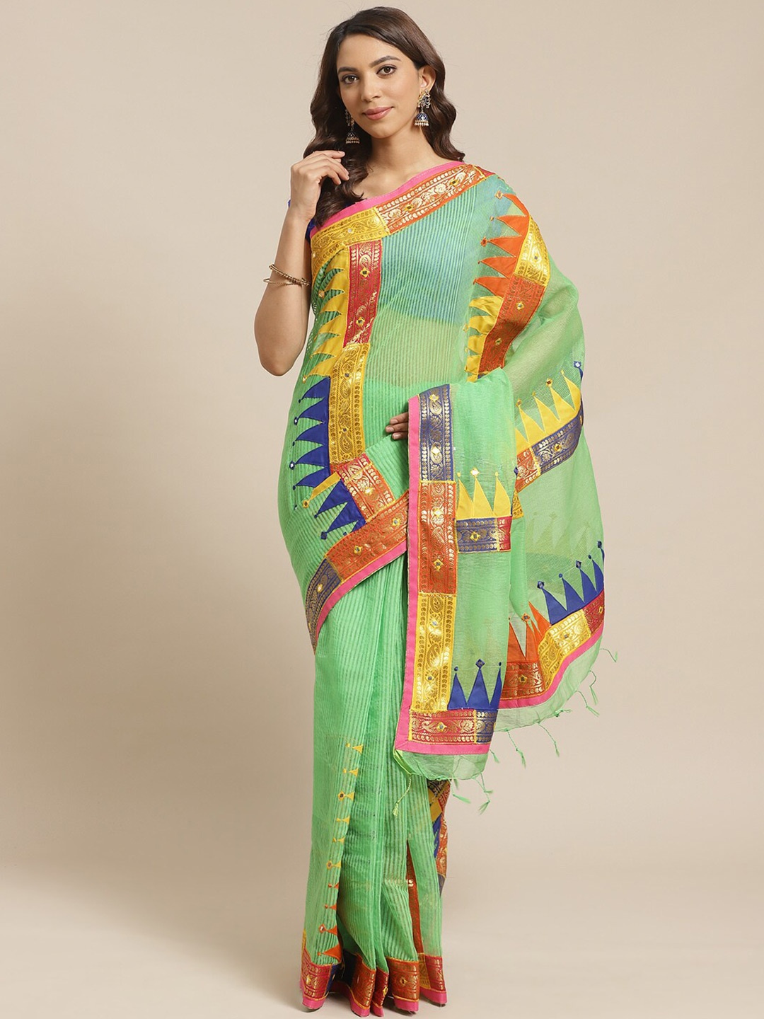 

Laa Calcutta Paisley Design Zari Silk Cotton Saree, Green