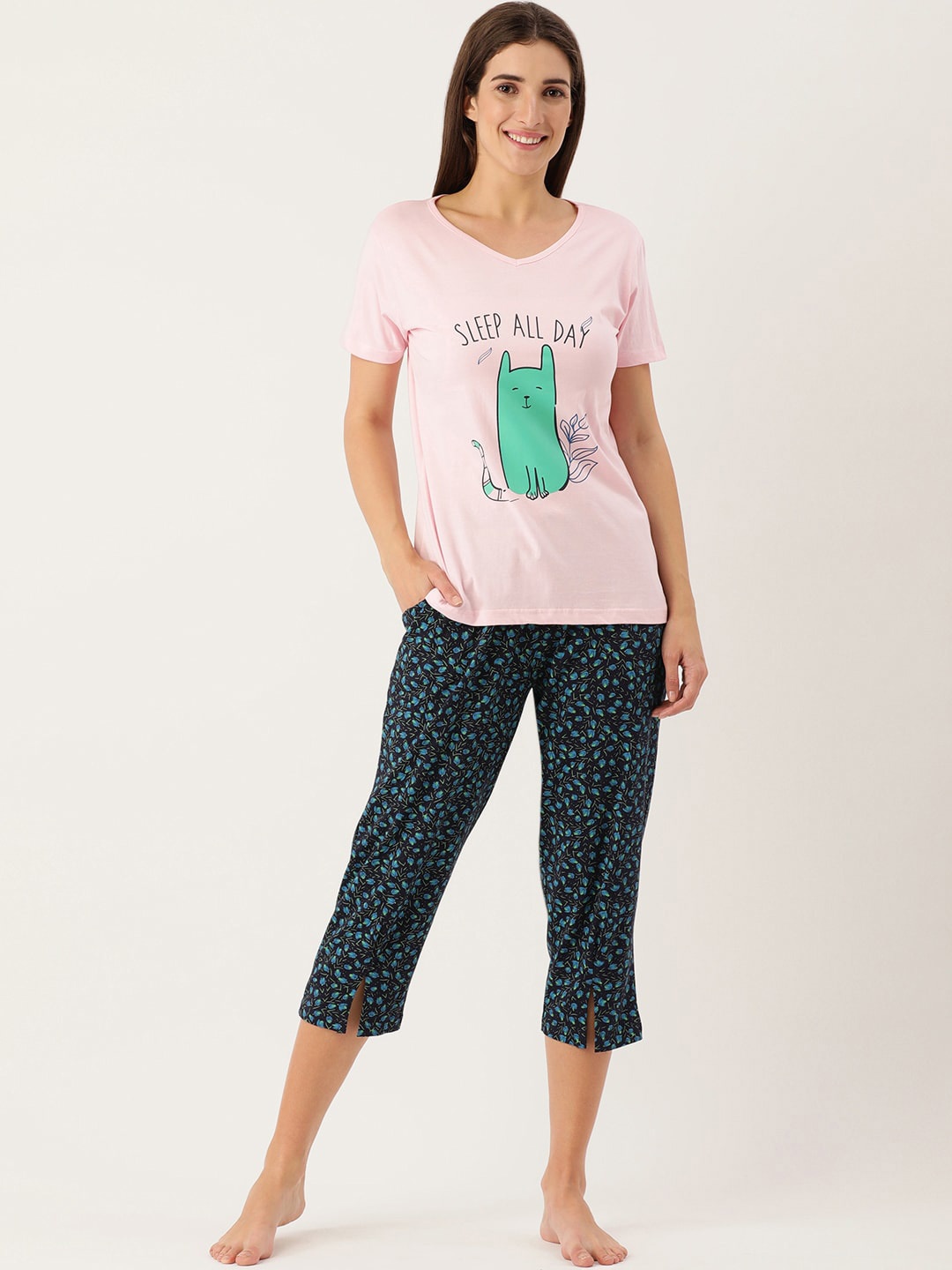 

Slumber Jill Graphic Printed Pure Cotton Night Suit, Pink