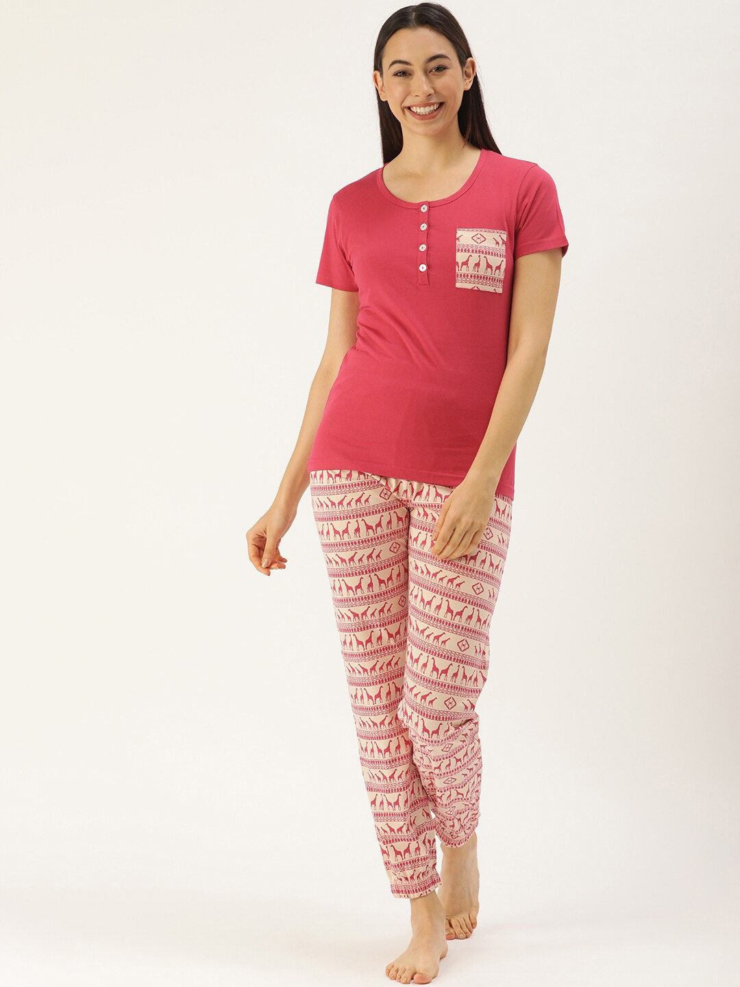 

Slumber Jill Ethnic Motifs Printed Pure Cotton Night Suit, Magenta