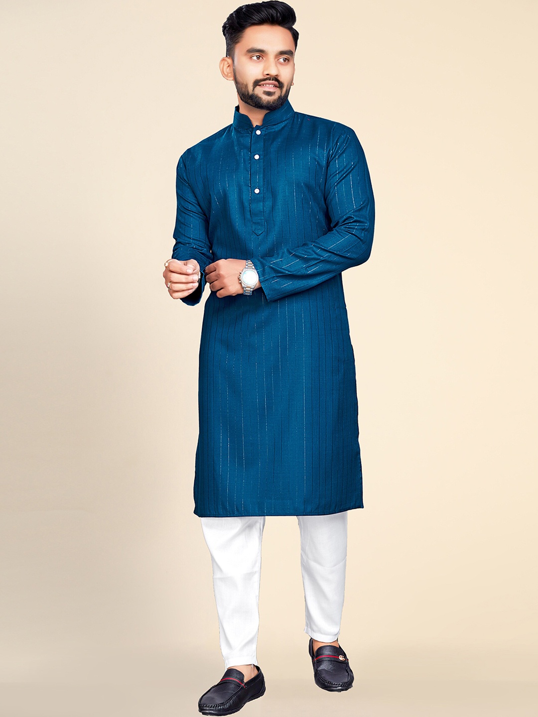 

Ekta Textiles Striped Mandarin Collar Pure Cotton Kurta with Pyjamas, Blue