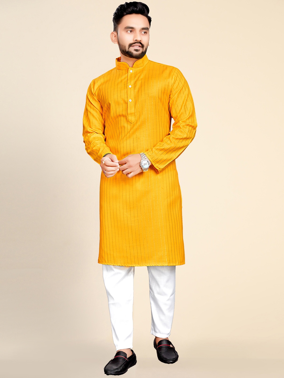 

Ekta Textiles Striped Zari Detail Jacquard Pure Cotton Kurta with Pyjamas, Yellow