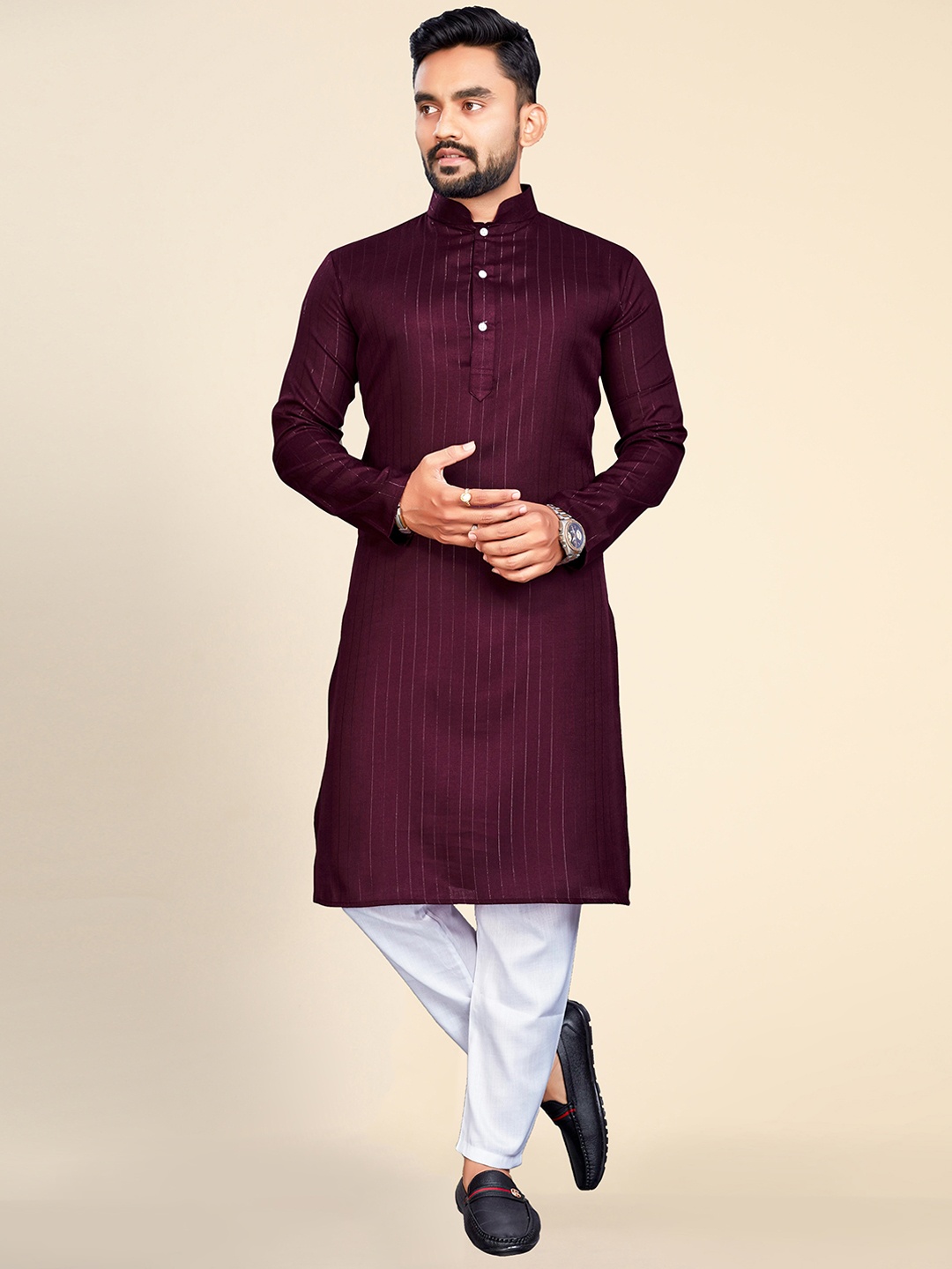 

Ekta Textiles Striped Mandarin Collar Pure Cotton Kurta with Pyjamas, Maroon