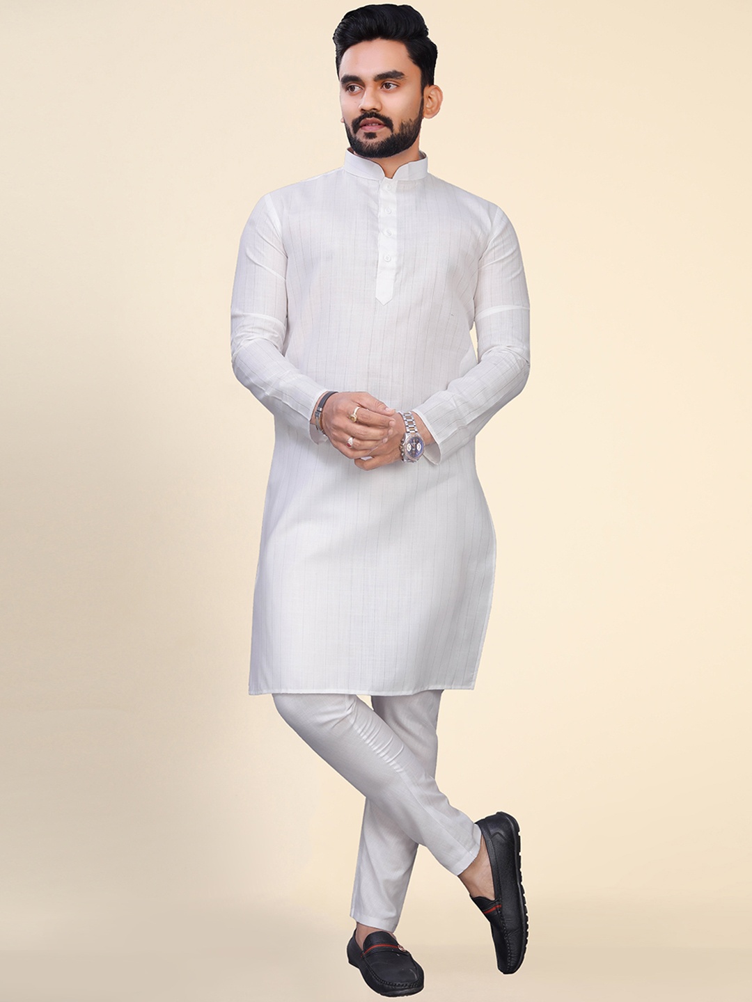 

Ekta Textiles Striped Zari Detail Pure Cotton Kurta with Pyjamas, White