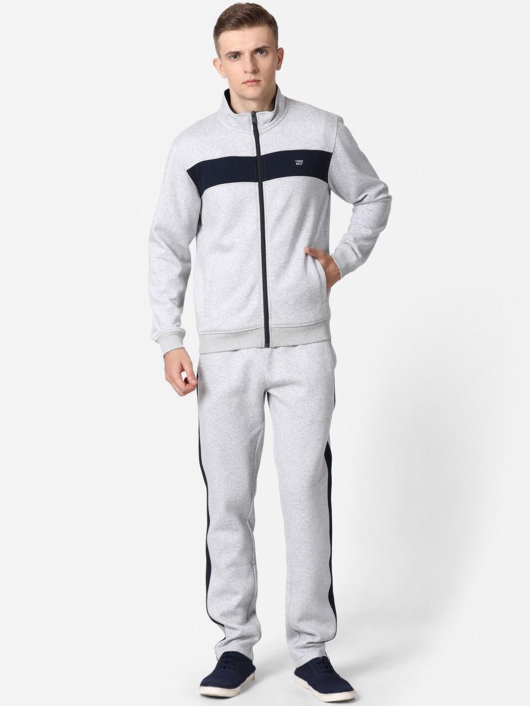 

t-base Men Striped Full Sleeve Full Zip Mid-Rise Fleece Sports Track Suit, Grey