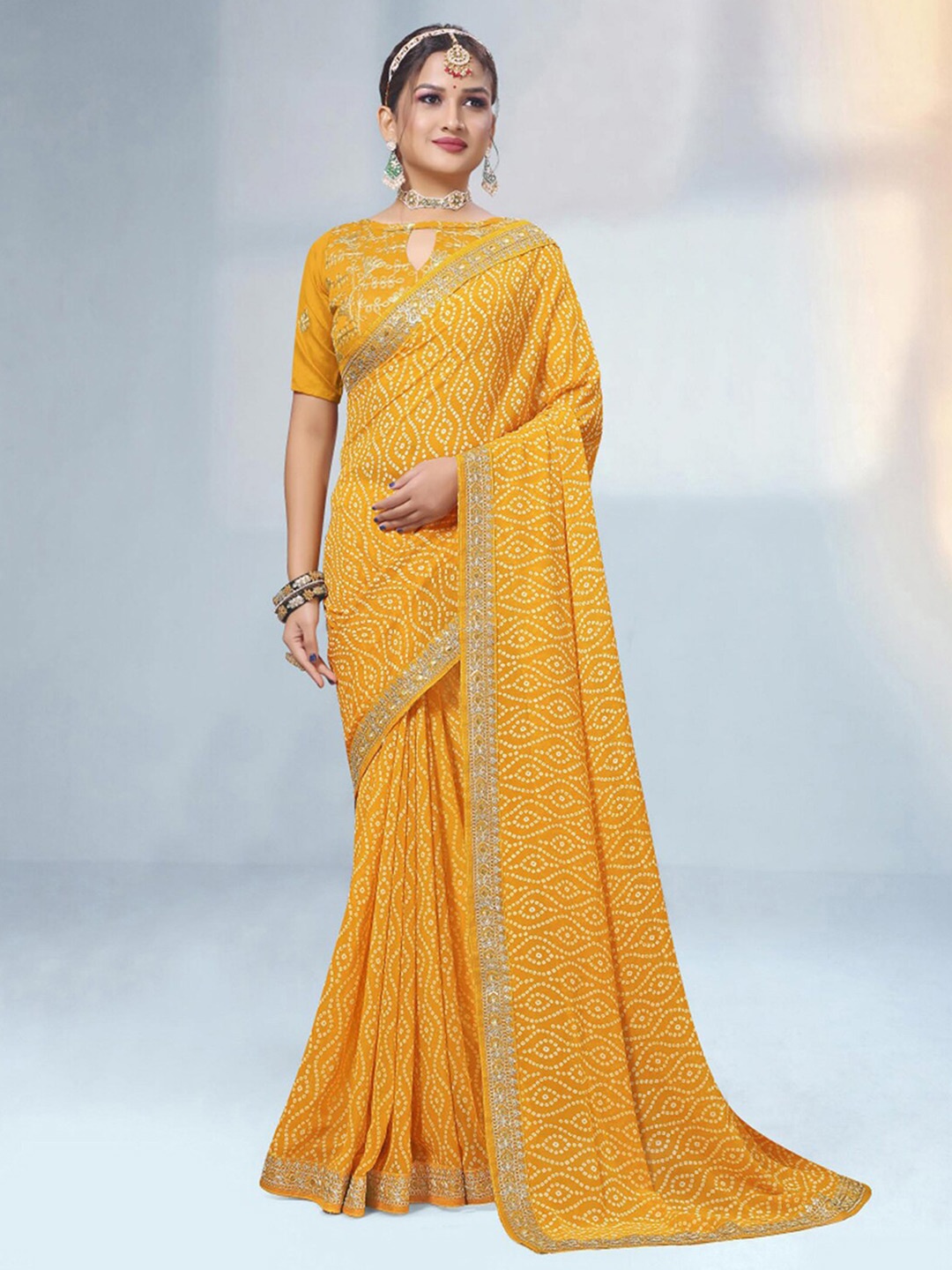 

Satrani Bandhani Printed Embroidered Saree, Yellow