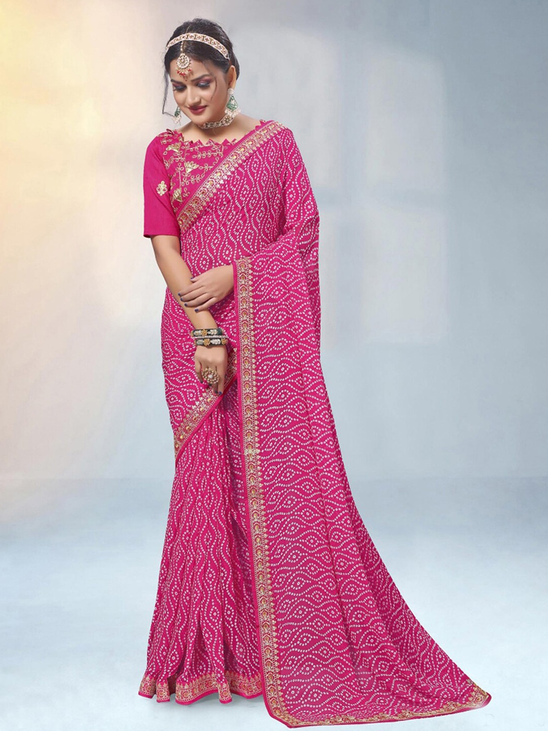 

Satrani Bandhani Printed Saree With Embroidered Blouse, Pink