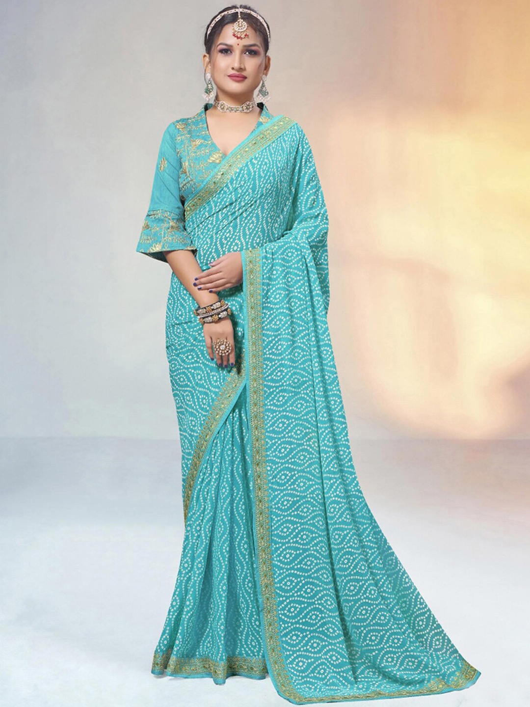 

Satrani Bandhani Printed Embroidered Saree, Blue