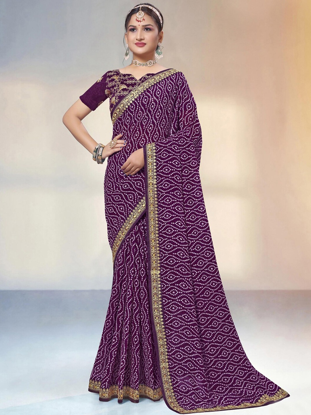 

Satrani Bandhani Printed Embroidered Saree, Purple