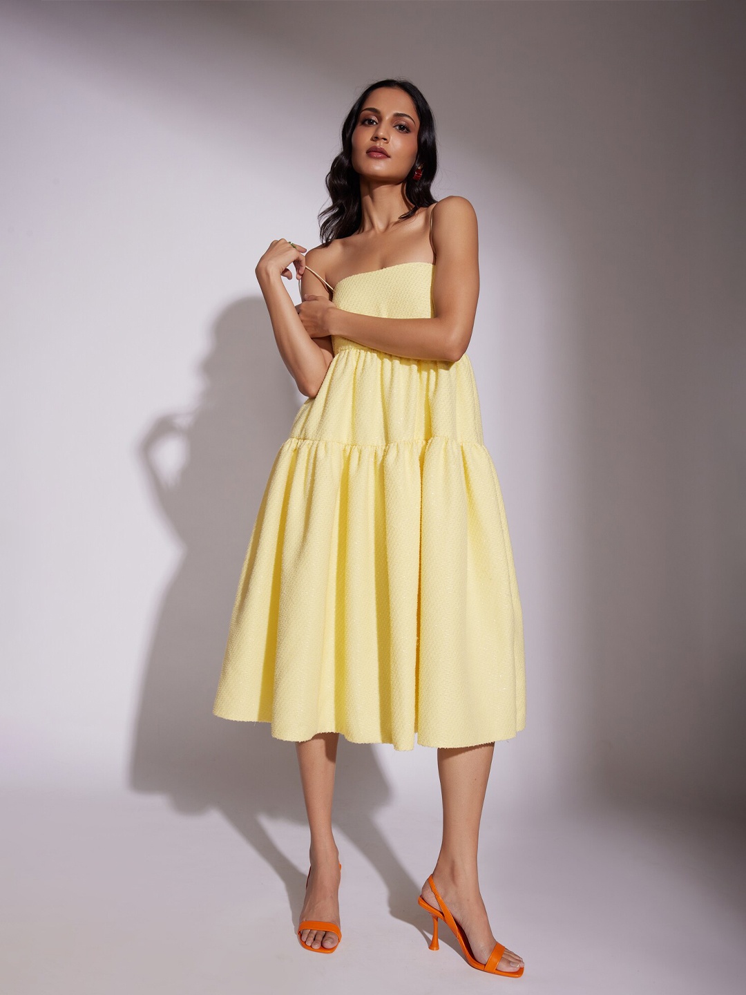 

POPPI Shoulder Strap Jacquard Empire Midi Dress, Yellow