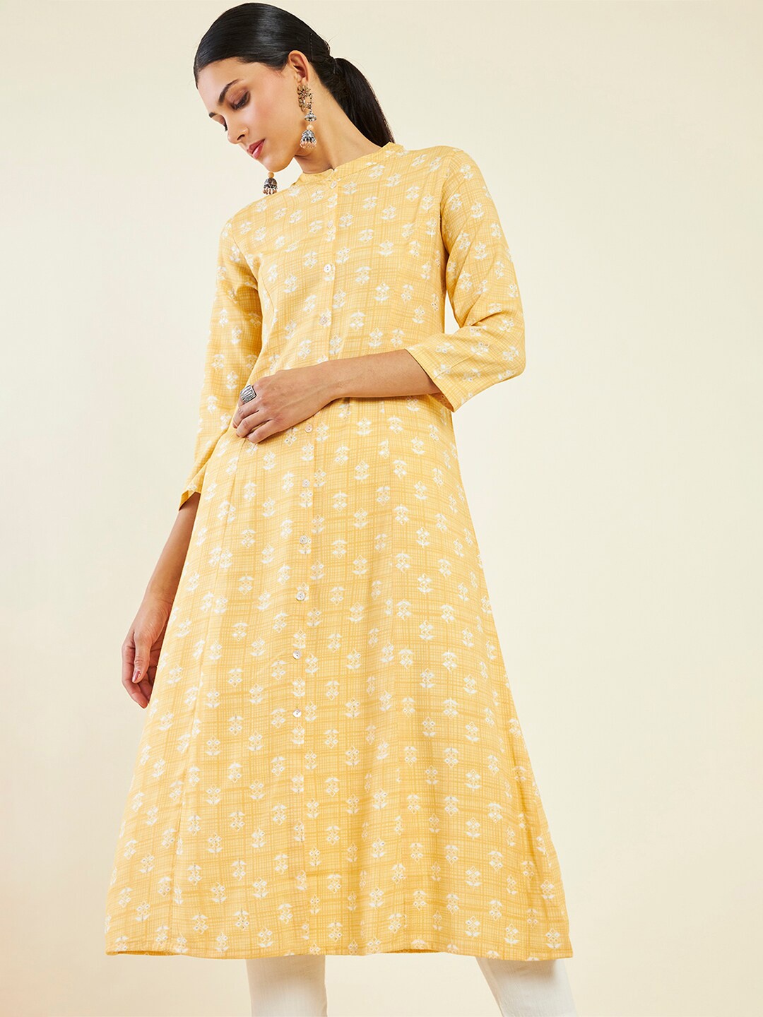 

Soch Ethnic Motif Printed Band Collar A-Line Kurta, Mustard