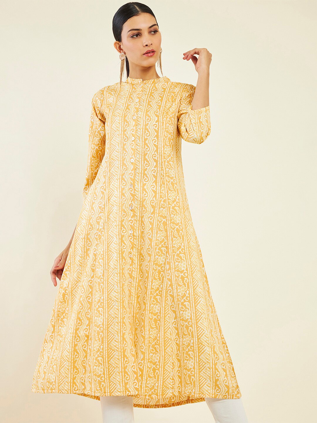 

Soch Ethnic Motif Printed Band Collar A-Line Kurta, Mustard