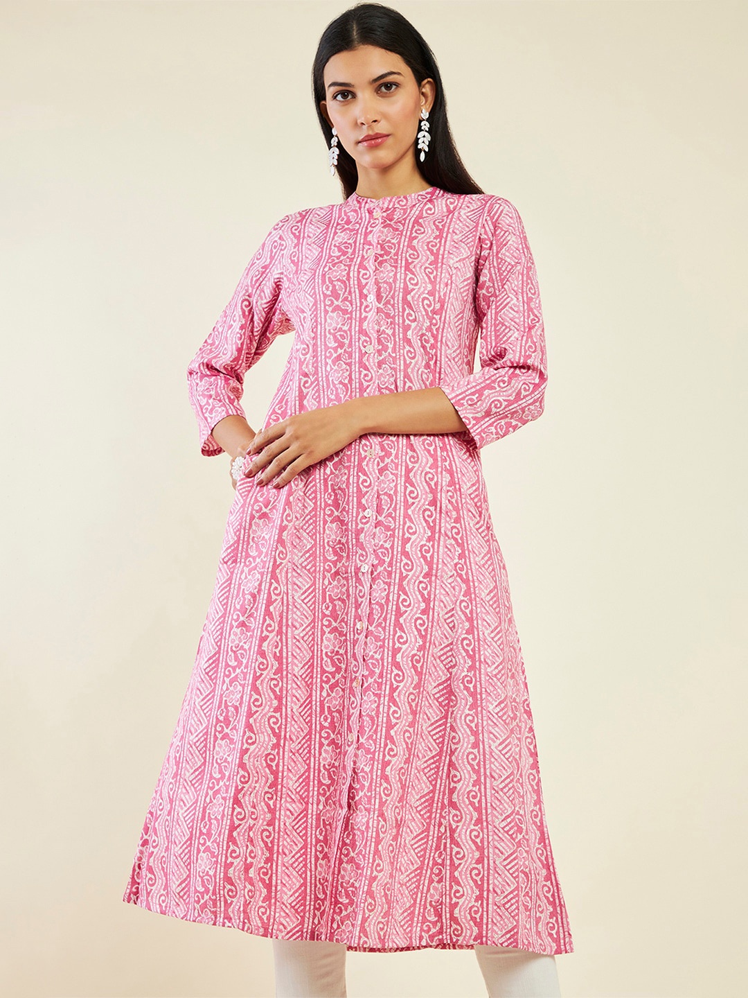 

Soch Ethnic Motif Printed Band Collar A-Line Kurta, Pink