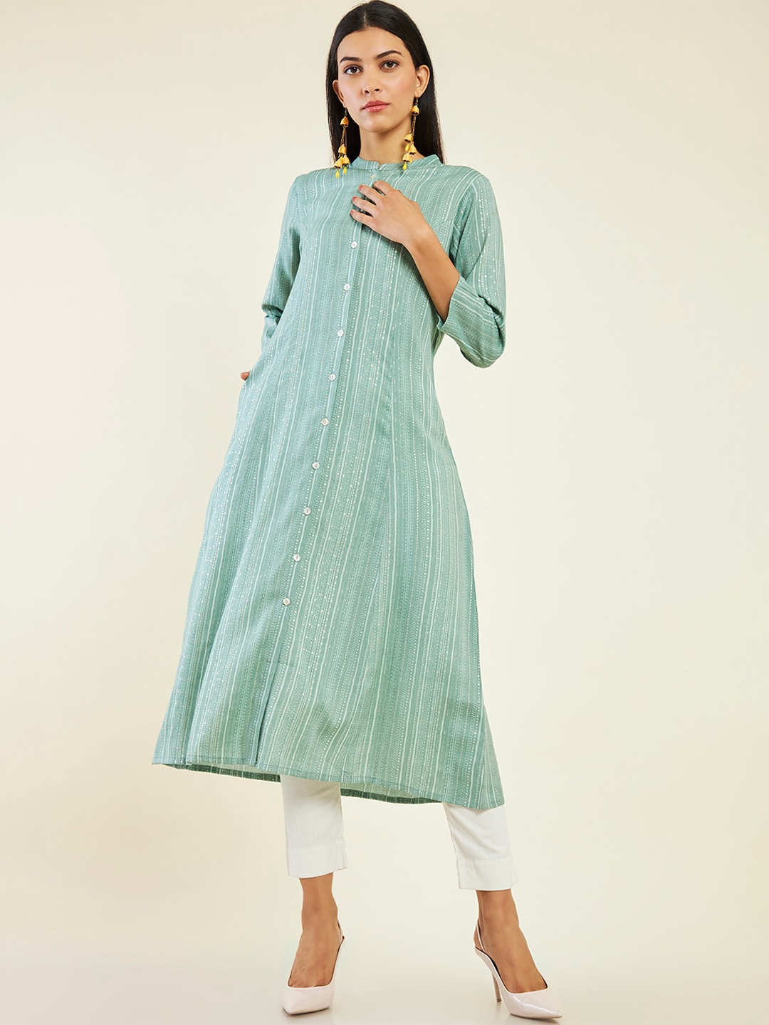 

Soch Striped Band Collar A-Line Kurta, Green