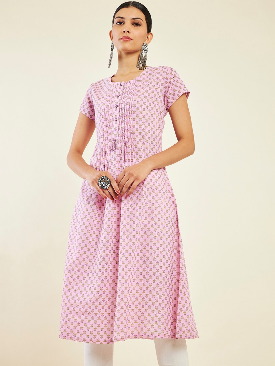 

Soch Floral Printed Round Neck Pure Cotton Anarkali Kurta, Pink