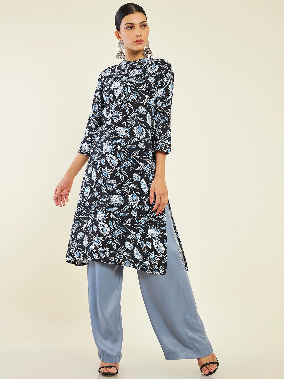 

Soch Floral Printed Band Collar Kurta, Black