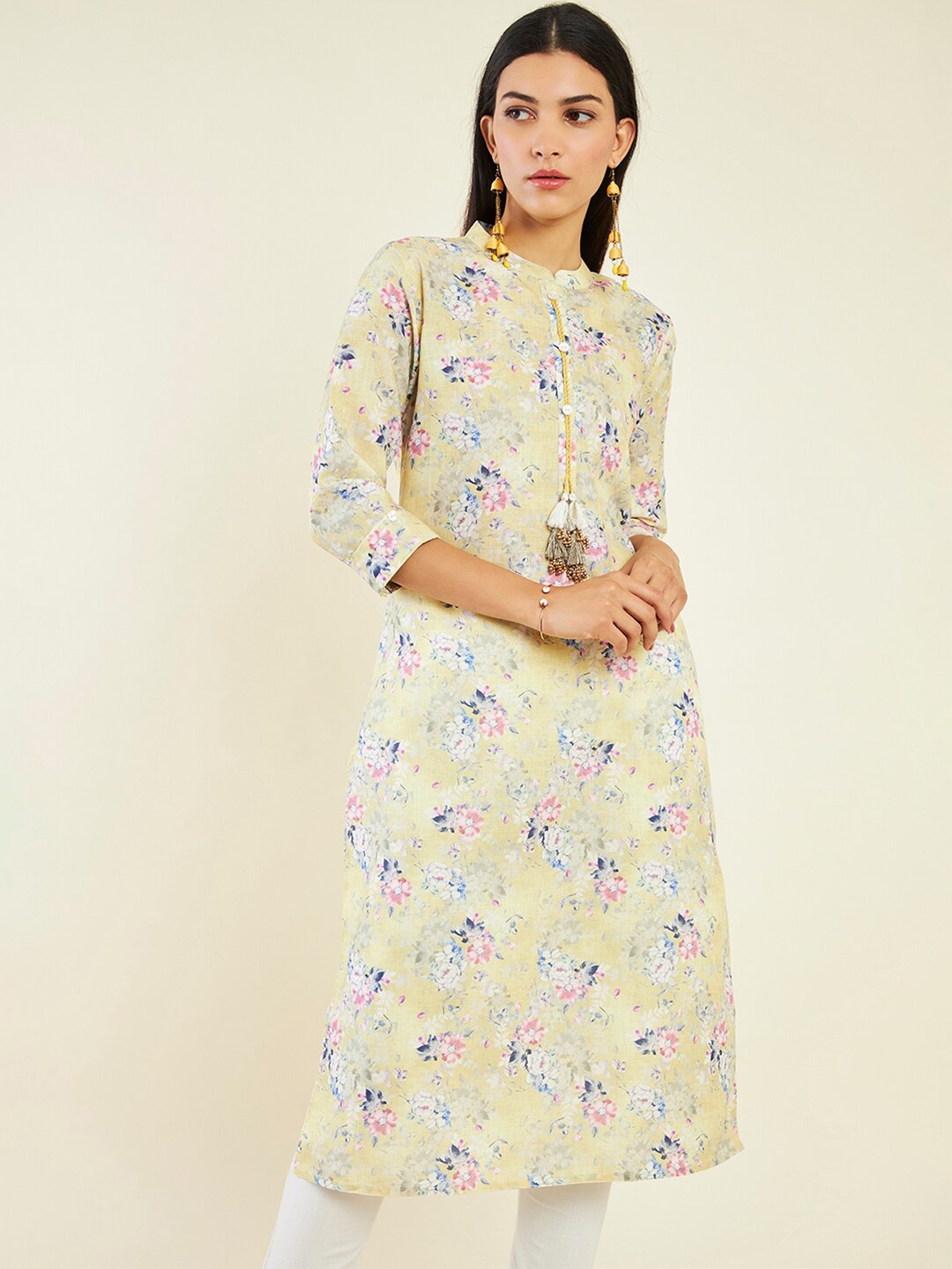 

Soch Floral Printed Band Collar Linen Straight Kurta, Yellow