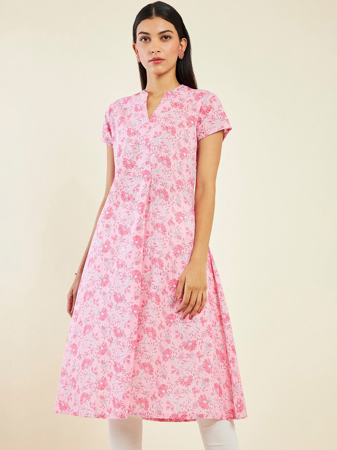 

Soch Floral Printed Band Collar Pure Cotton A-Line Kurta, Pink