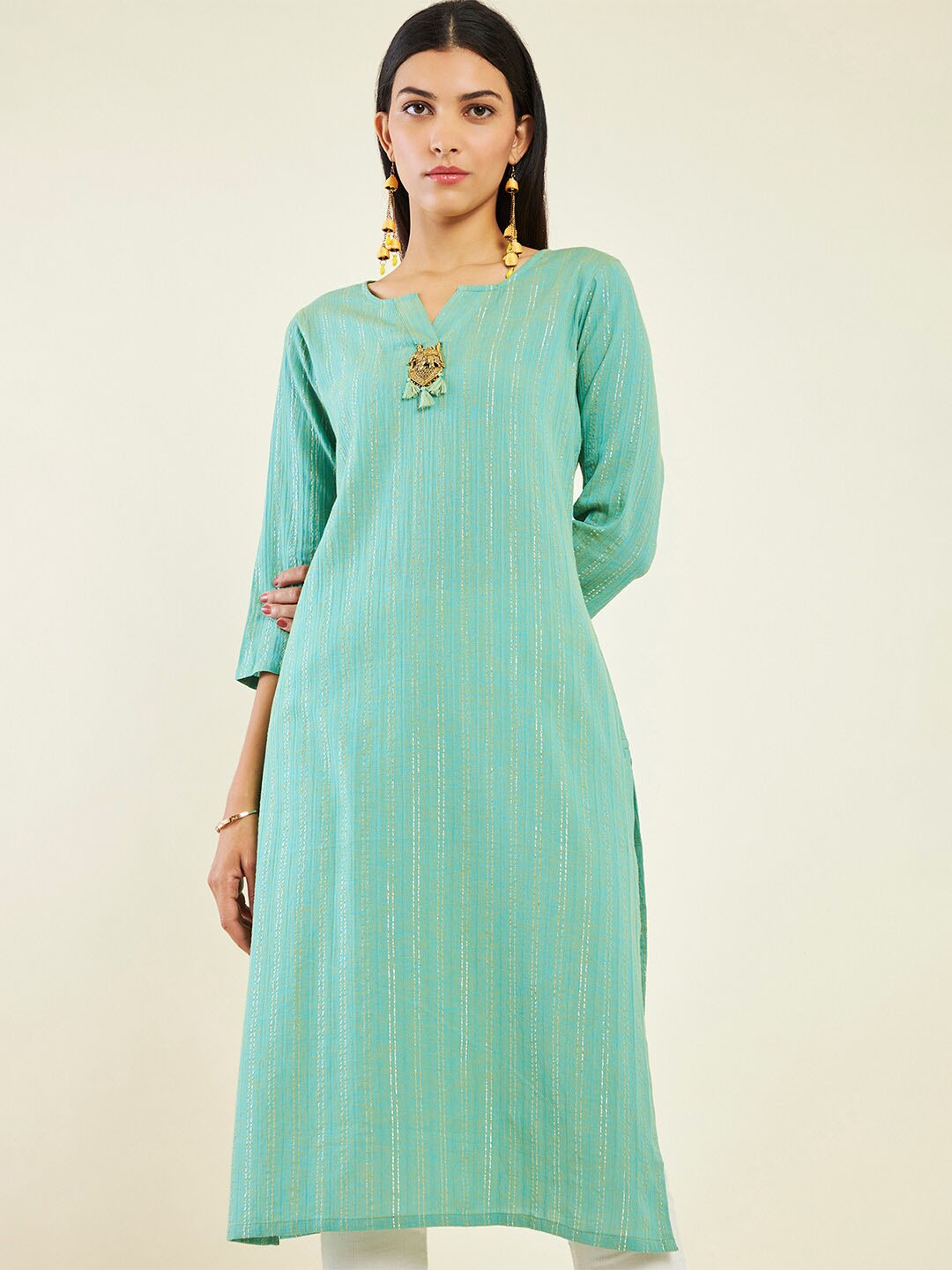 

Soch Striped Notched Neck Pure Cotton Kurta, Green