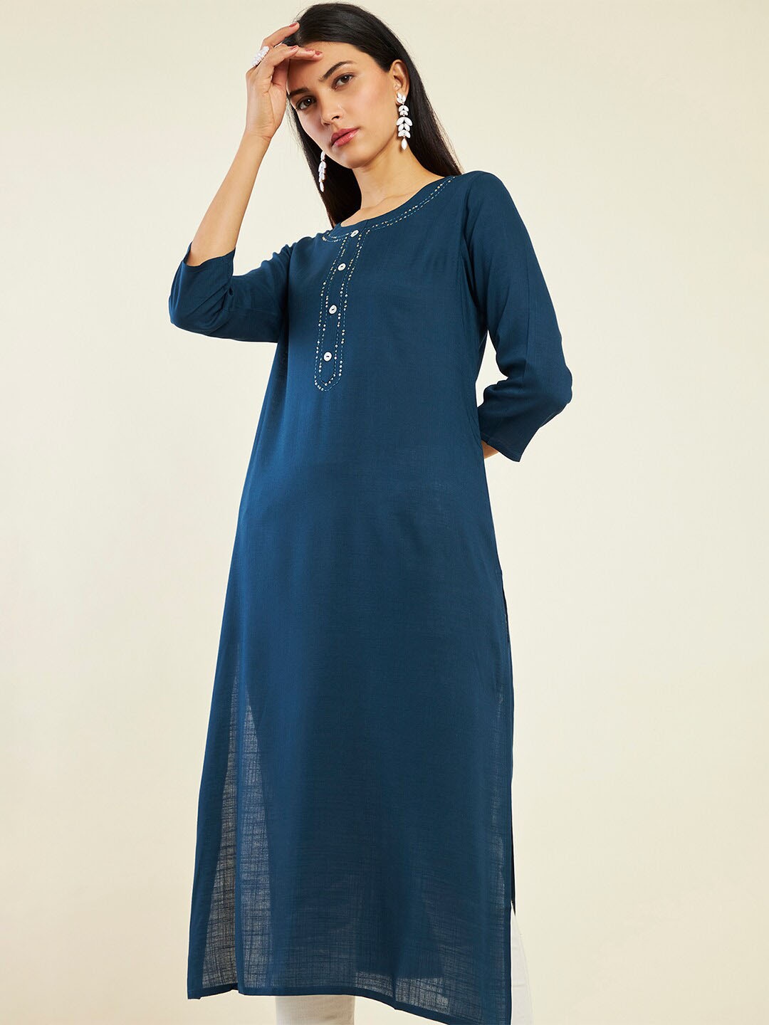 

Soch Round Neck Sequined Kurta, Navy blue