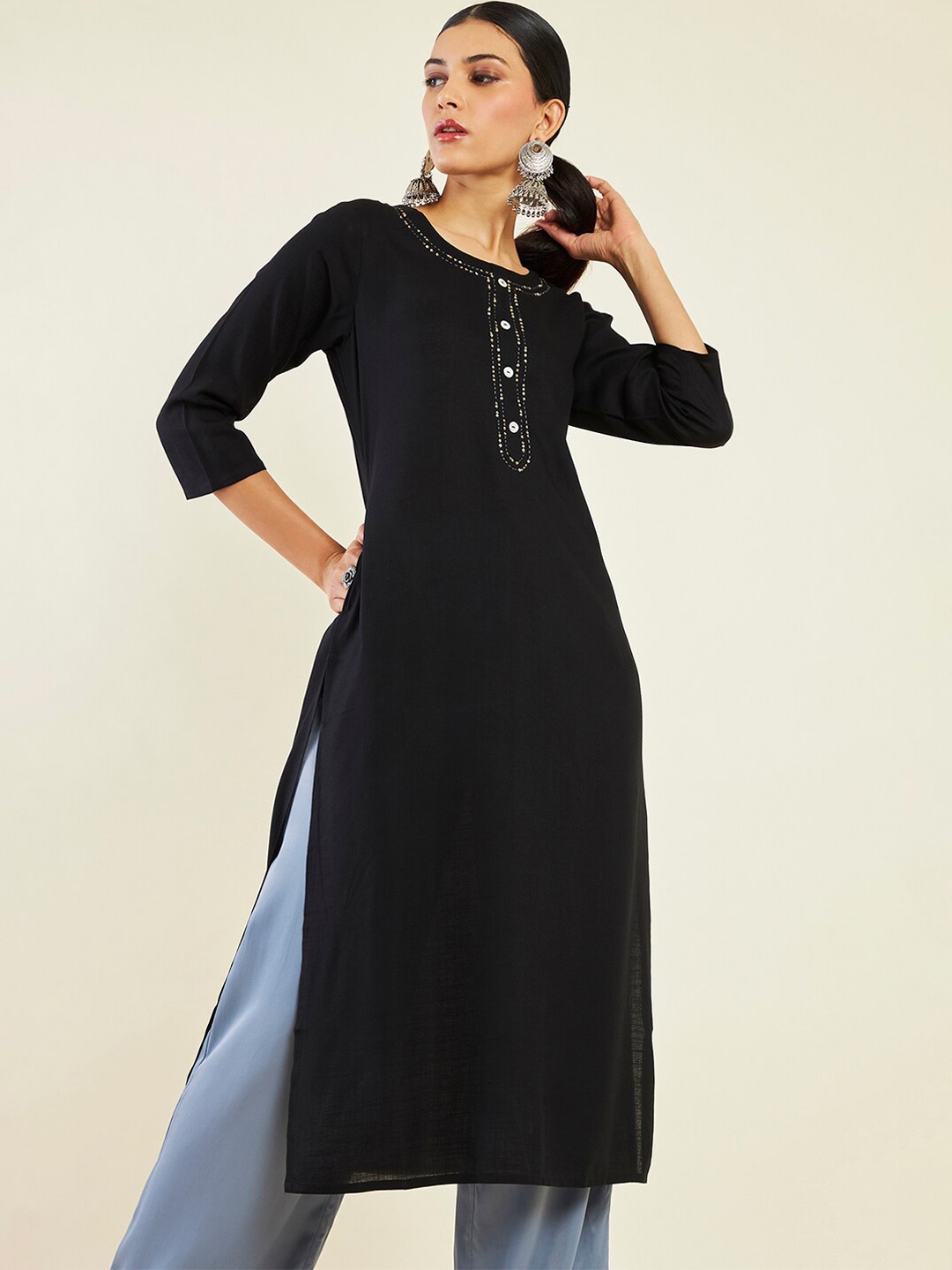 

Soch Thread Work Sequined Straight Kurta, Black
