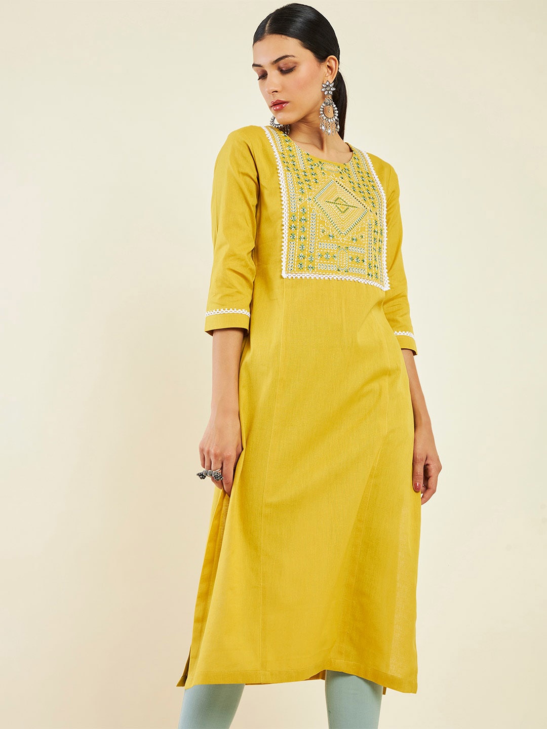 

Soch Round Neck Floral Embroidered Kurta, Yellow