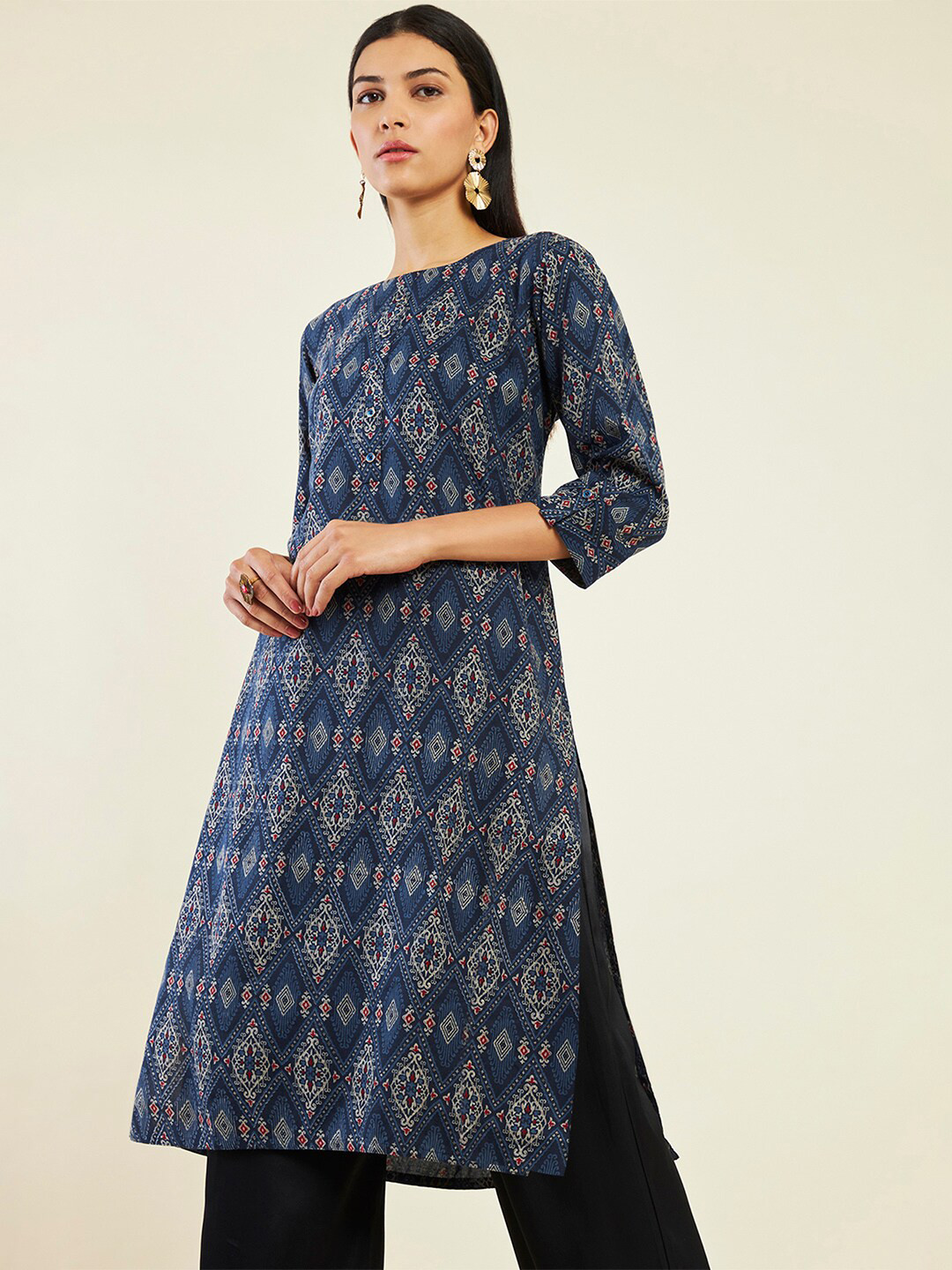 

Soch Round Neck Ethnic Motifs Printed Kurta, Navy blue