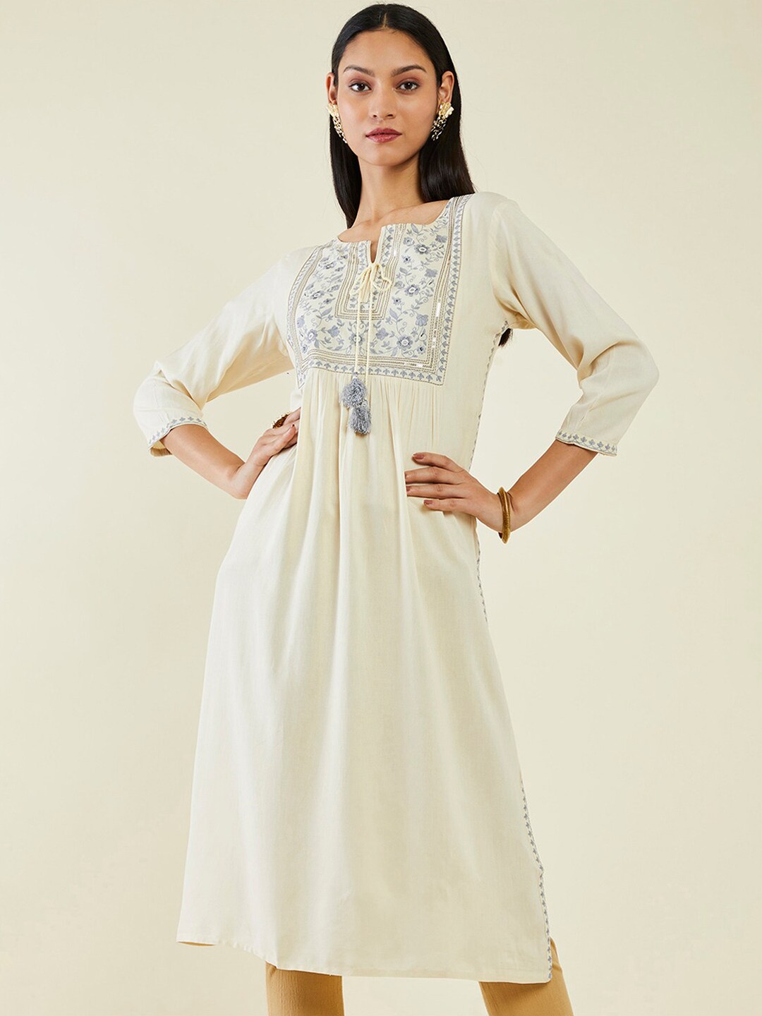 

Soch Floral Yoke Design Tie-Up Neck Thread Work Pleated A-Line Kurta, Off white