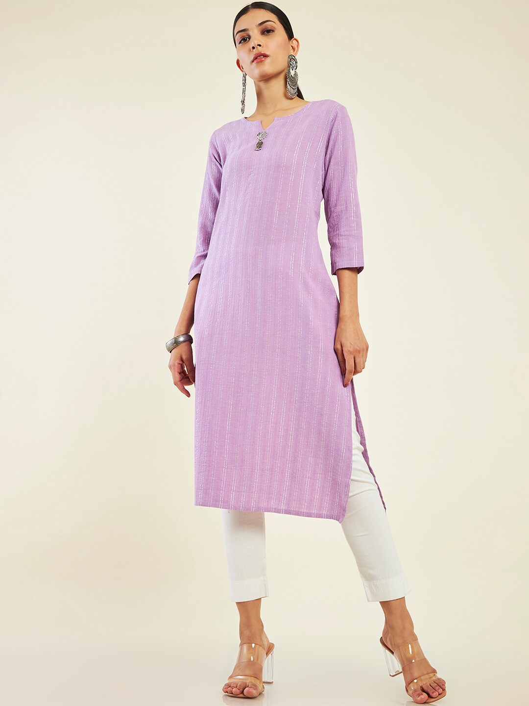 

Soch Striped Notched Neck Pure Cotton Kurta, Purple
