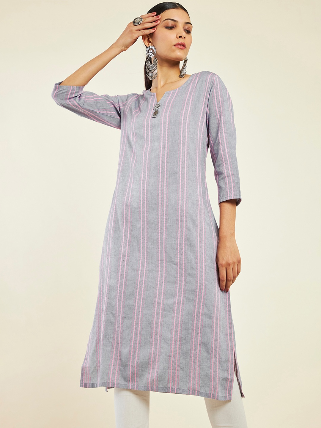 

Soch Striped Notched Neck Pure Cotton Kurta, Grey