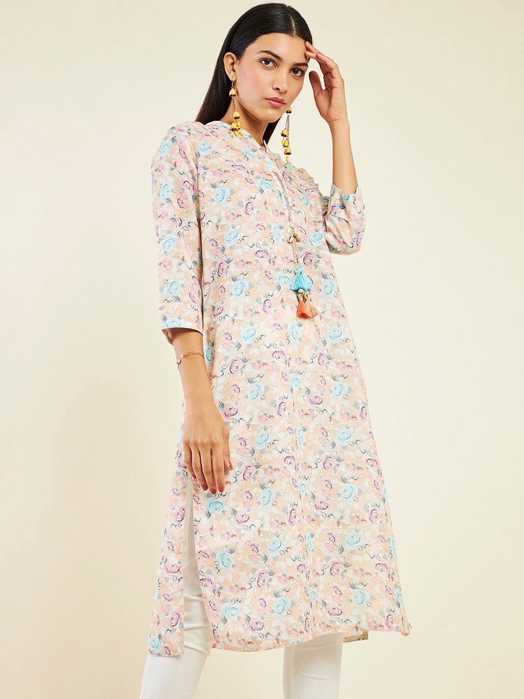 

Soch Floral Printed Band Collar Linen Kurta, Yellow