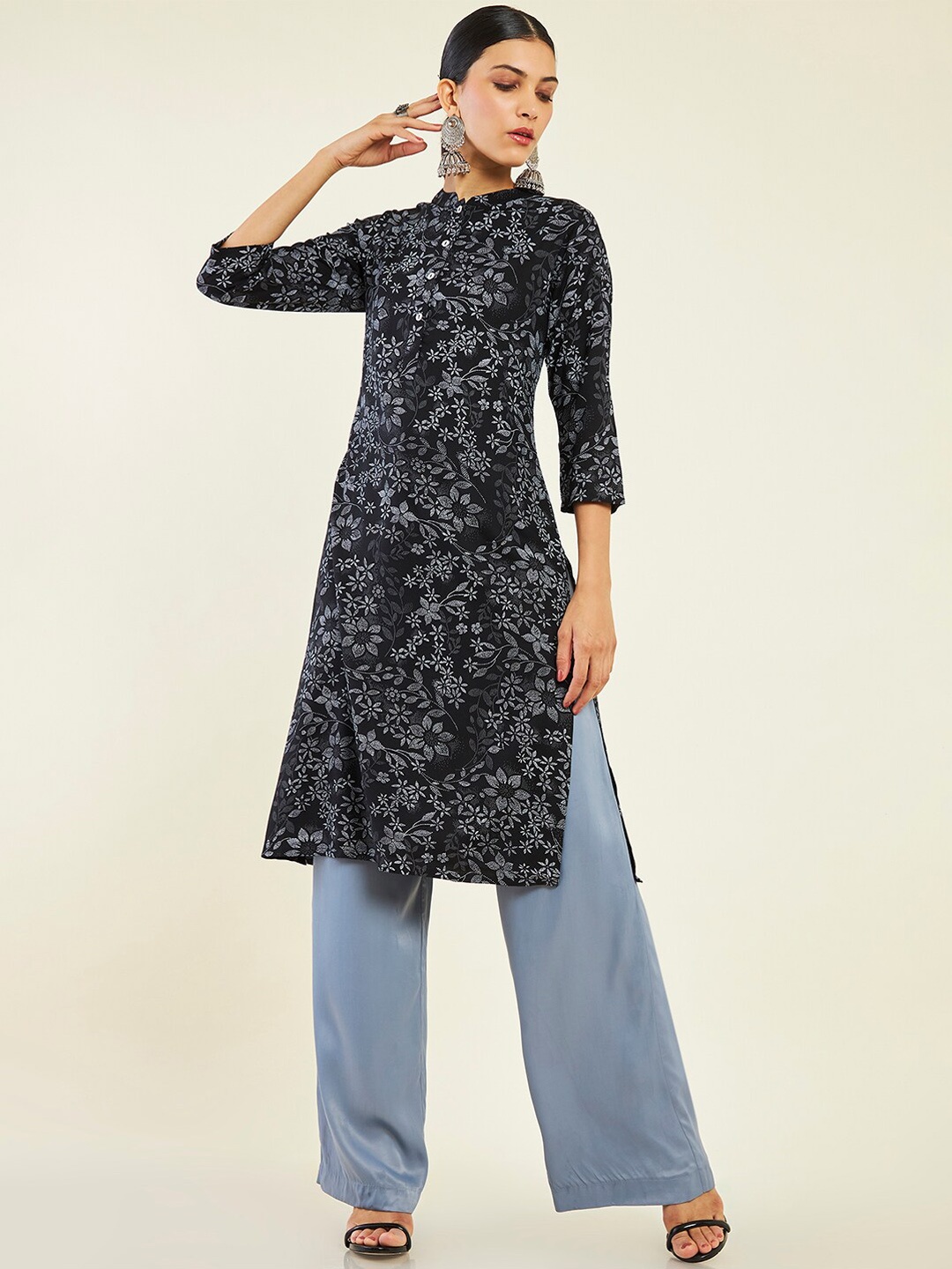 

Soch Women Floral Printed Band Collar Kurta, Black