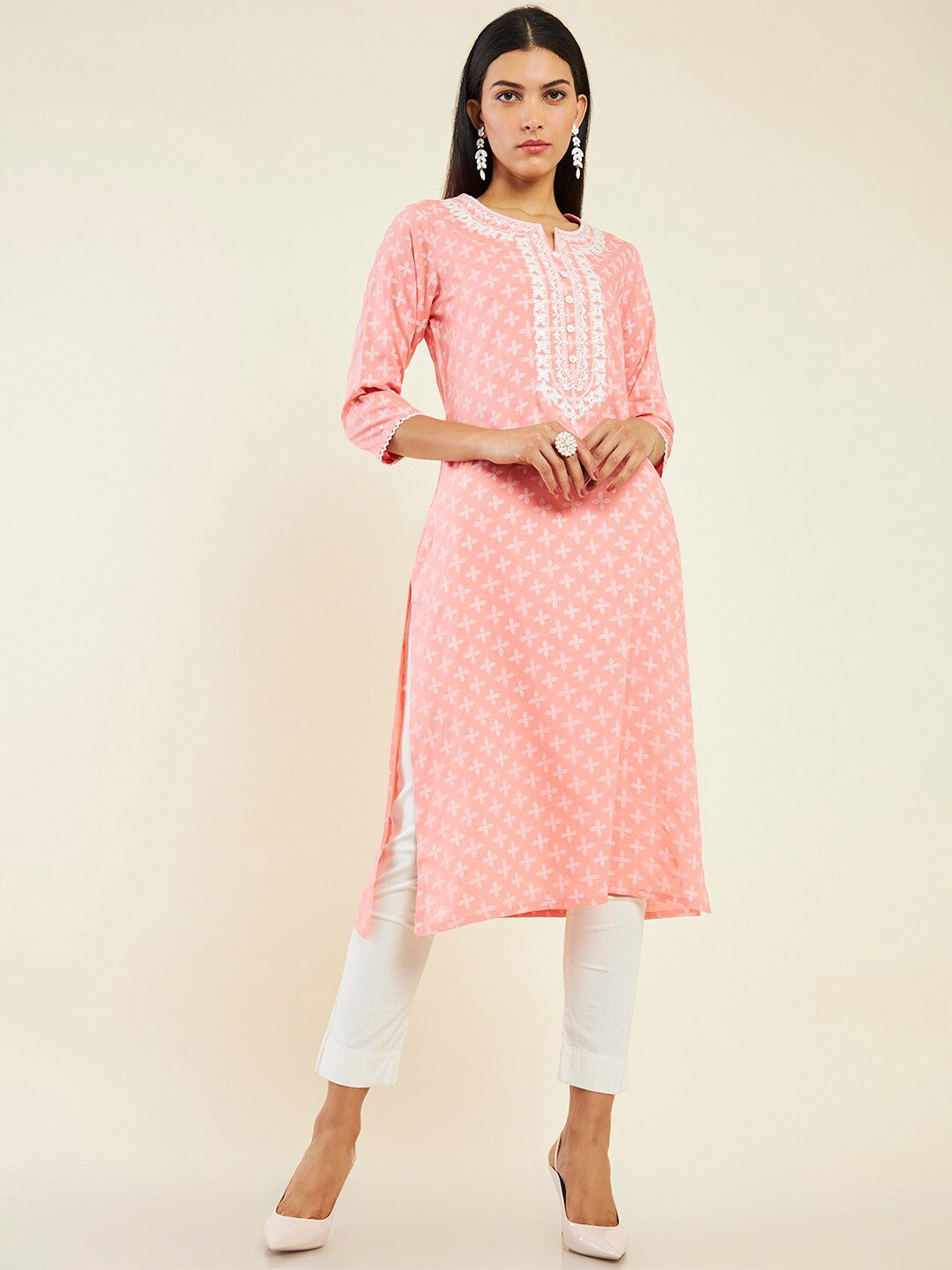 

Soch Ethnic Motifs Printed Thread Work Notch Neck Straight Kurta, Peach