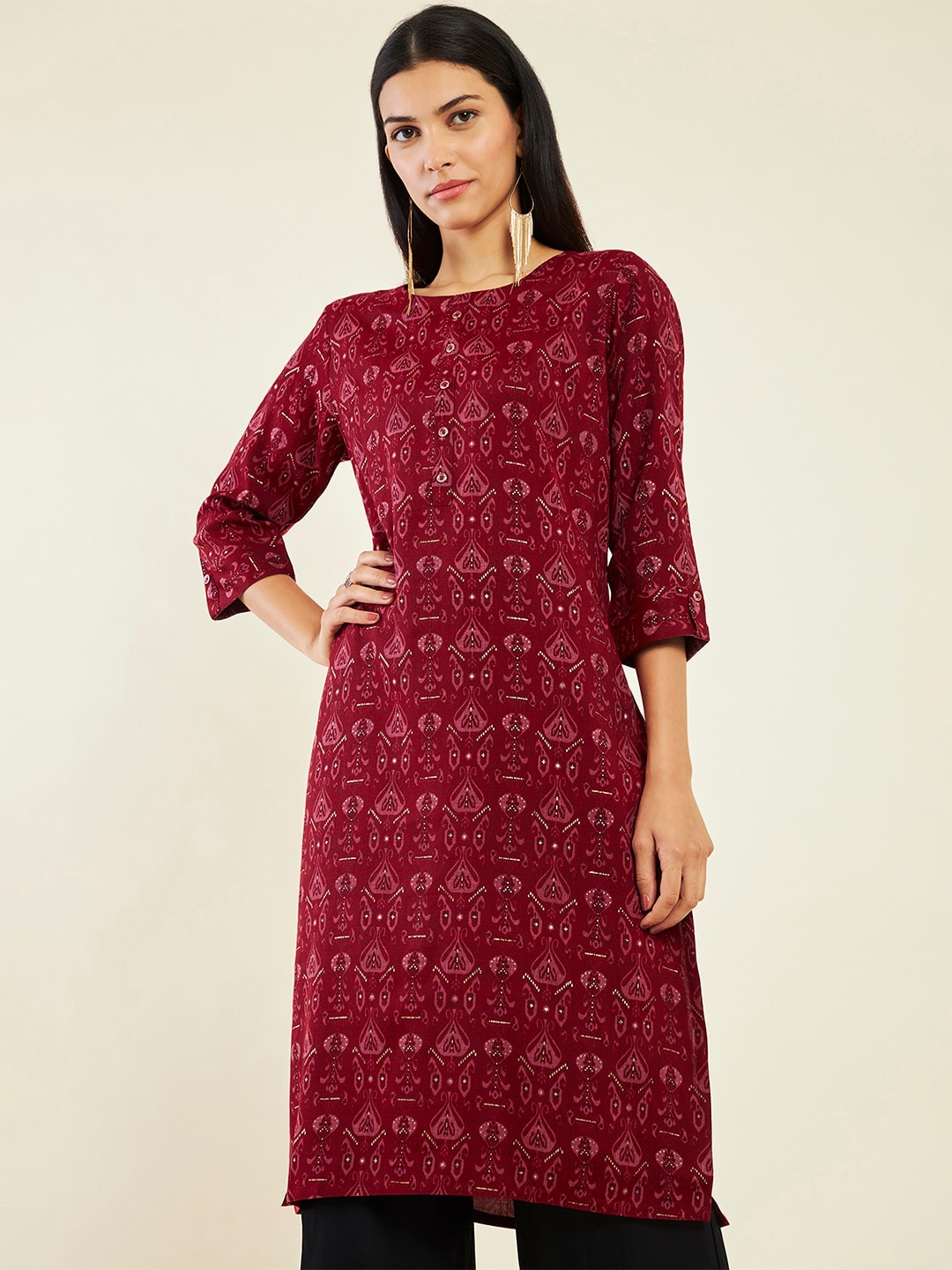 

Soch Ethnic Motifs Printed Boat neck A-Line Kurta, Maroon