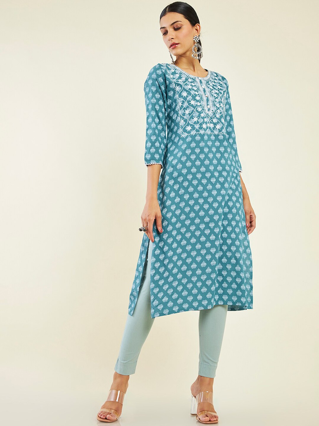 

Soch Ethnic Motifs Printed Thread Work Straight Kurta, Turquoise blue