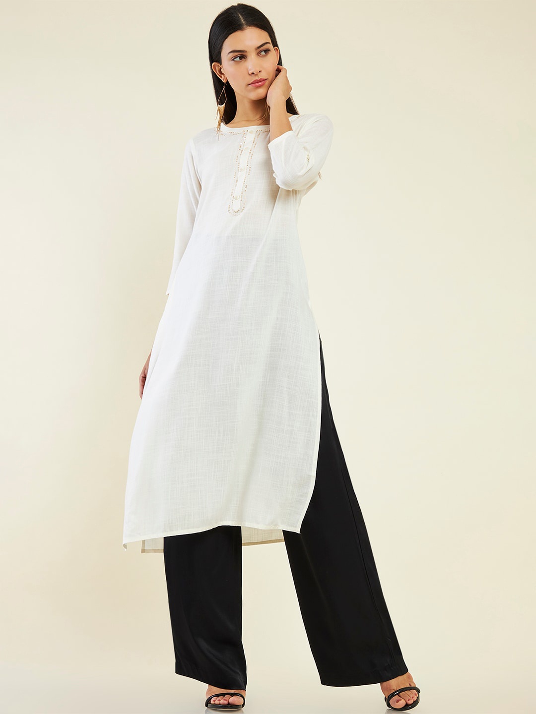 

Soch Thread Work Sequined Straight Kurta, Off white