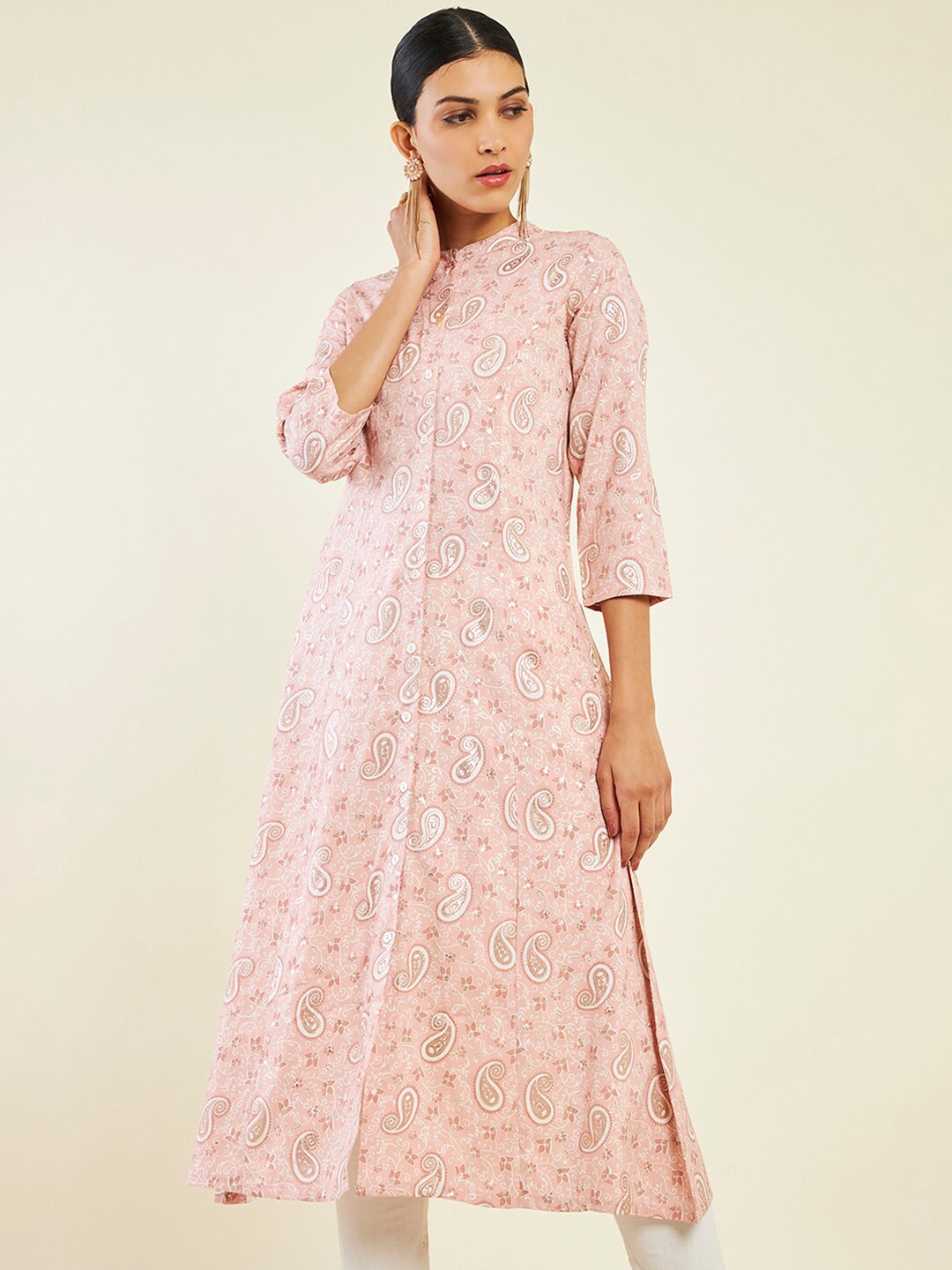 

Soch Paisley Printed Band Collar A-Line Kurta, Peach