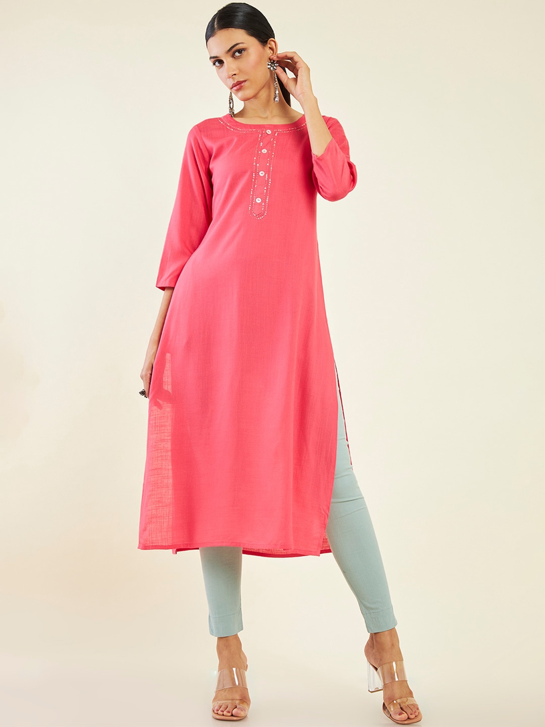 

Soch Round Neck Sequins Kurta, Coral