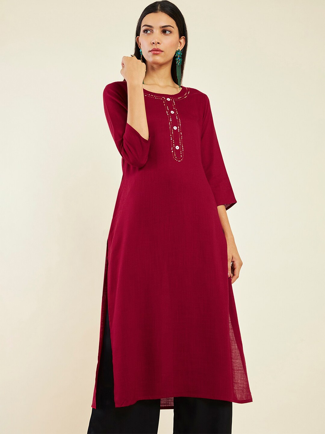 

Soch Round Neck Sequined Kurta, Maroon