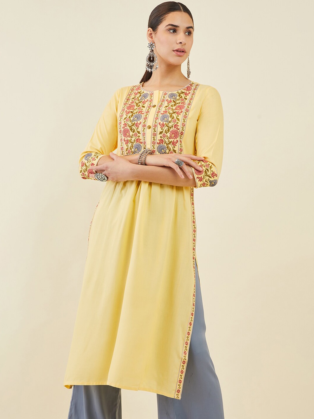 

Soch Floral Embroidered Thread Work Kurta, Yellow