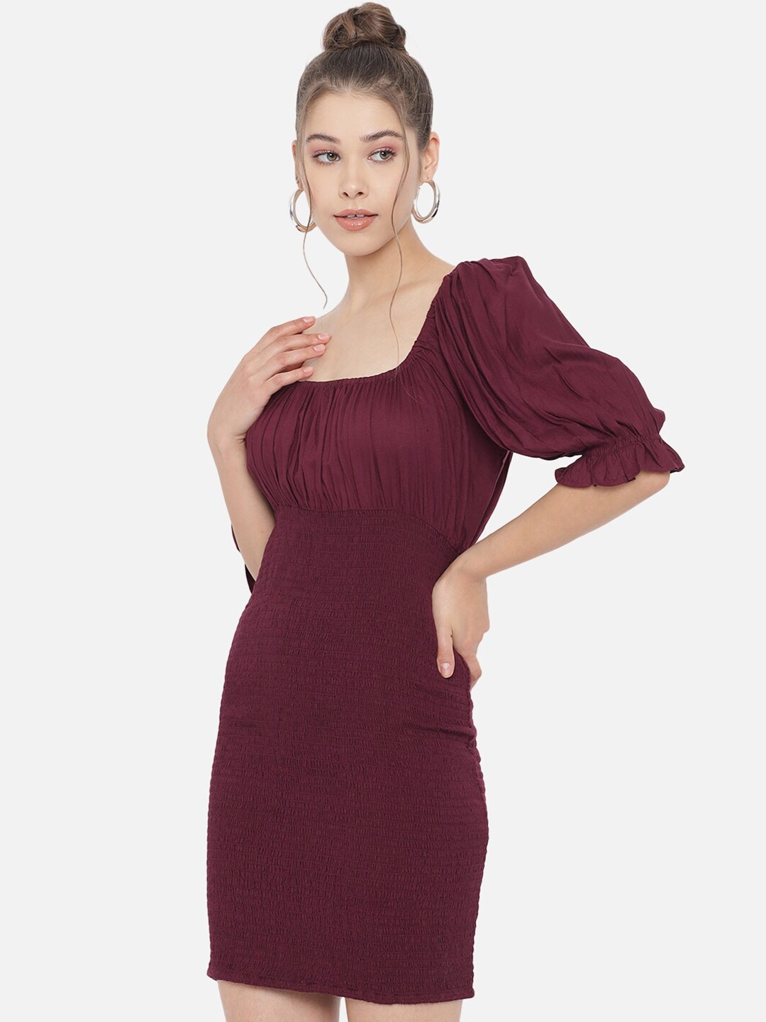 

Trend Arrest Square Neck Puff Sleeves Bodycon Dress, Burgundy