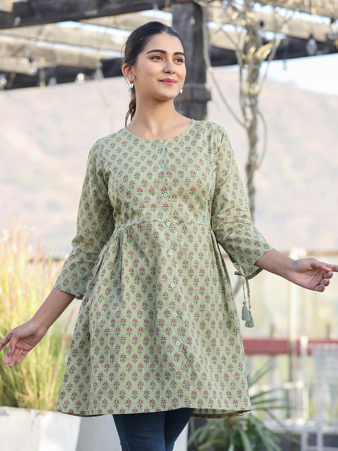 

KAAJH Printed Pure Cotton Shirt Style Tunic, Green