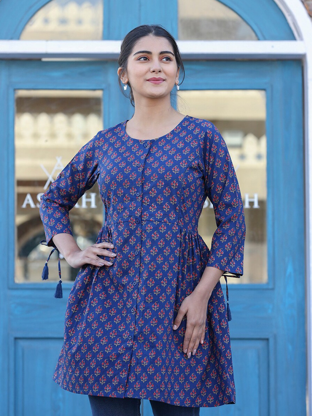 

KAAJH Printed Pure Cotton Shirt Style Tunic, Blue