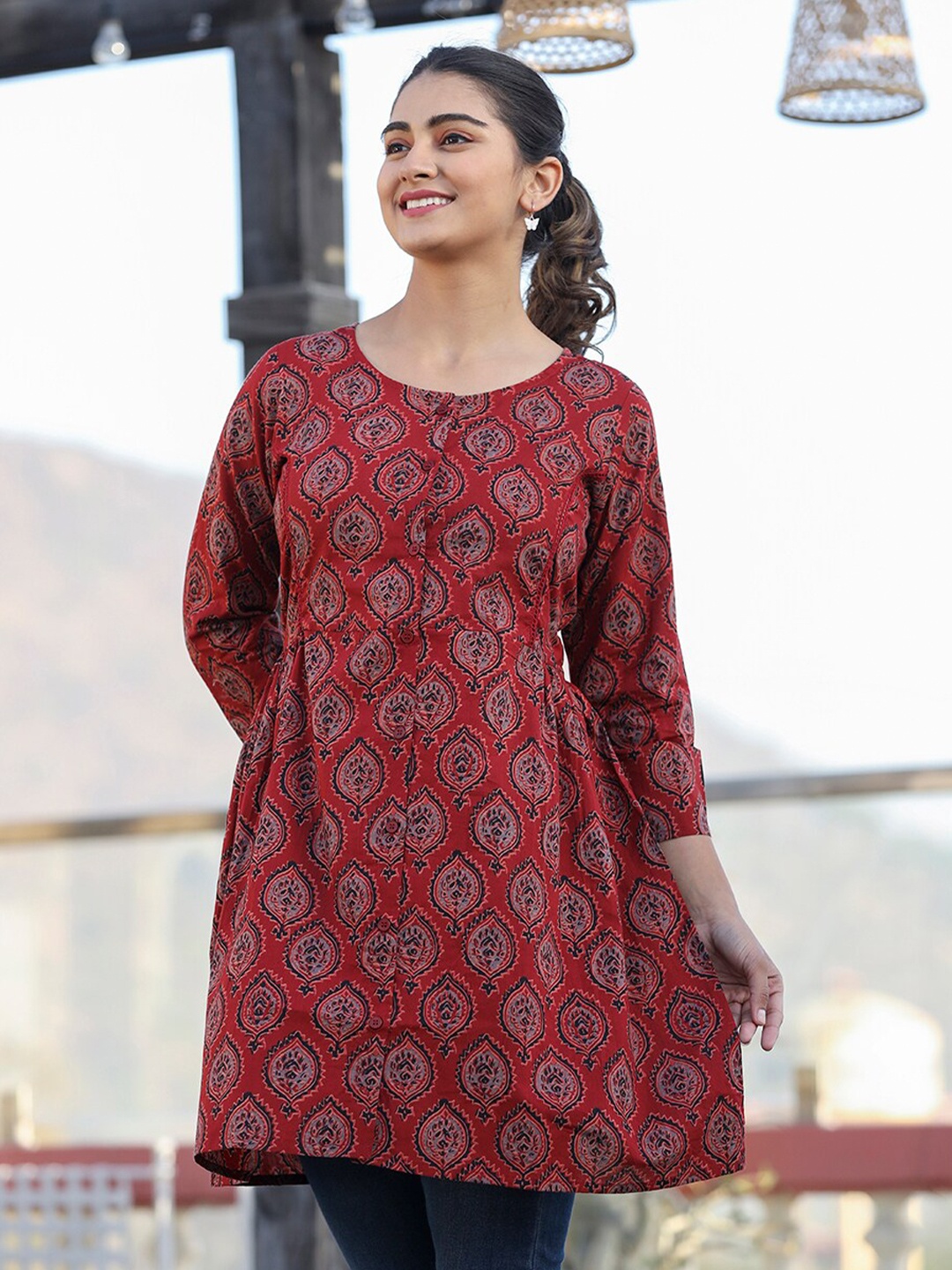 

KAAJH Printed Pure Cotton Shirt Style Tunic, Maroon