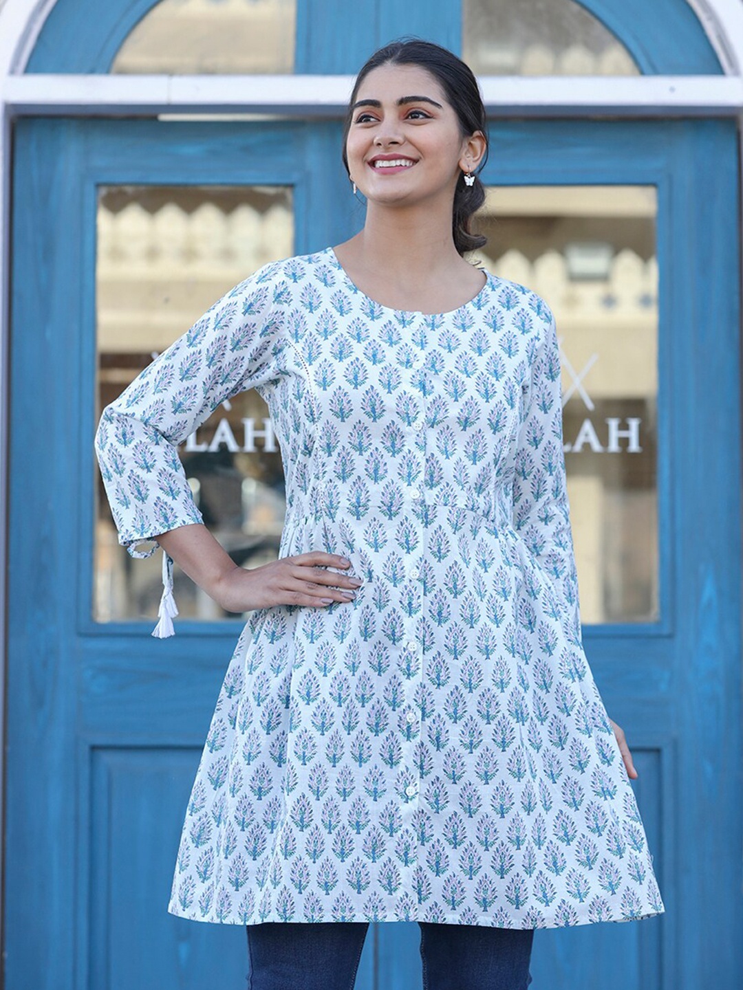 

KAAJH Printed Pure Cotton Shirt Style Tunic, White