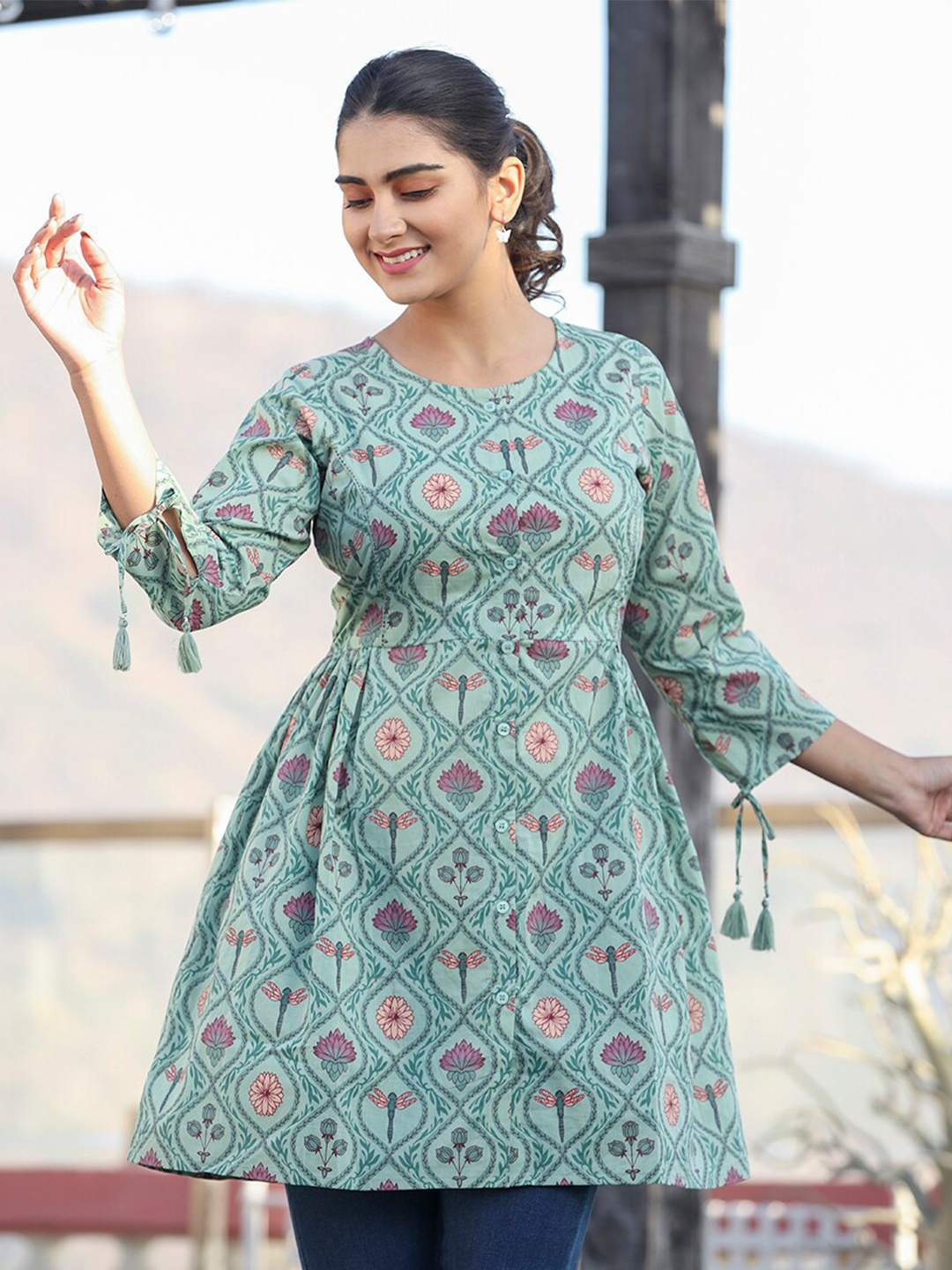 

KAAJH Printed Pure Cotton Shirt Style Tunic, Sea green