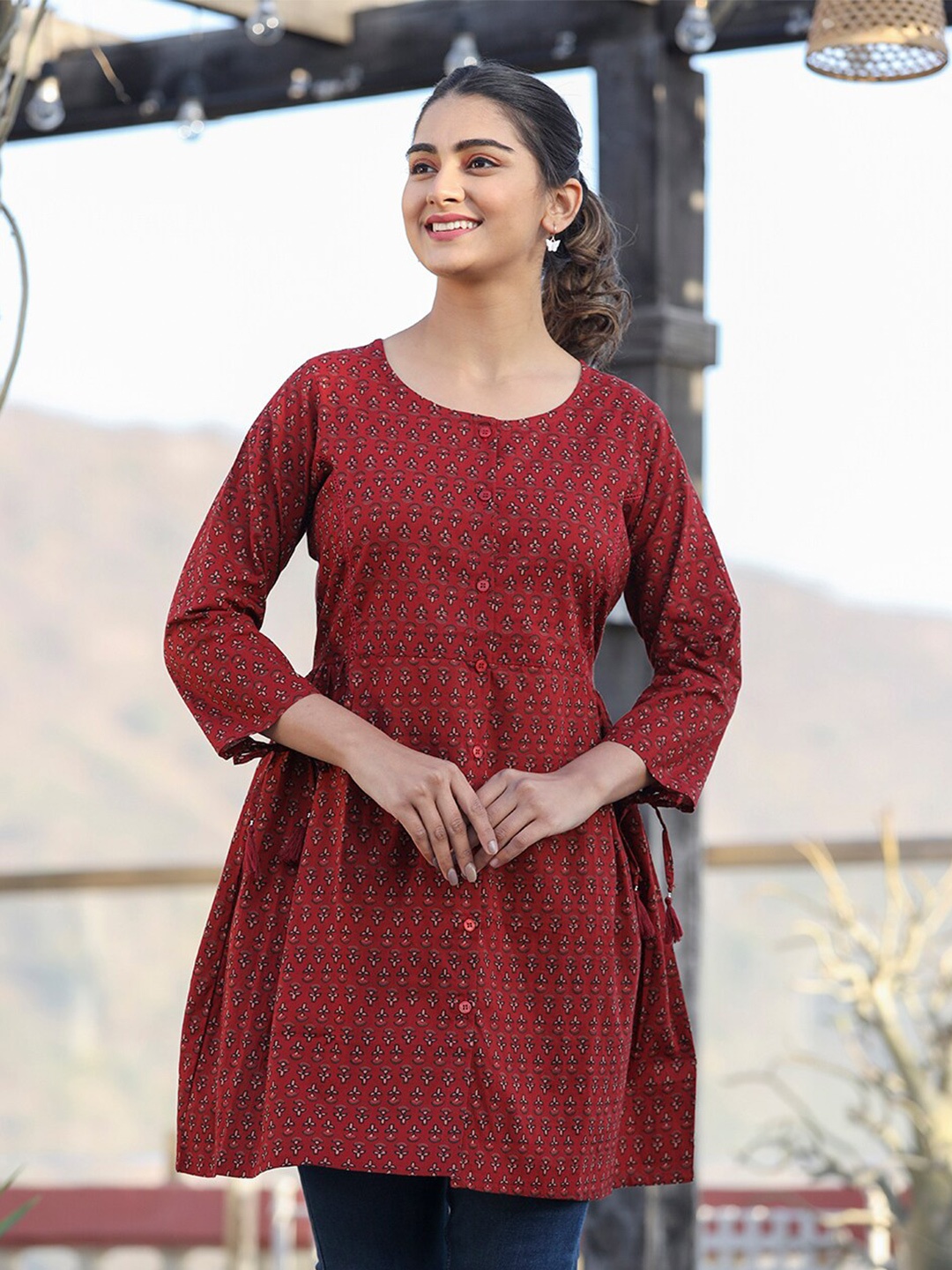

KAAJH Printed Pure Cotton Shirt Style Tunic, Maroon